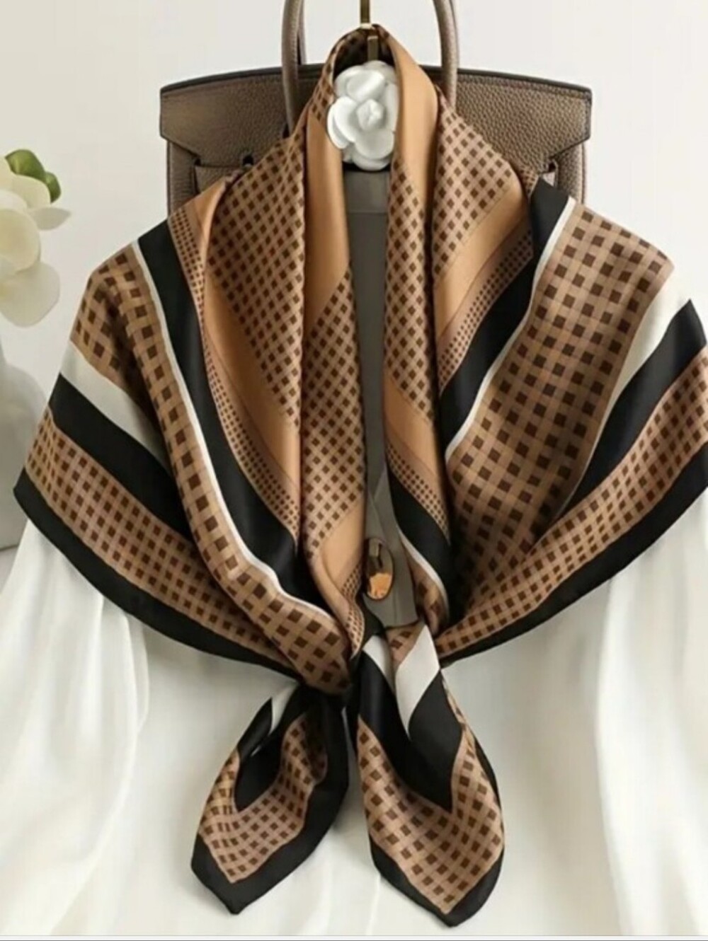 Brown and Black Patterned Women's Silk-Feel Scarf